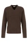 Ferragamo Earthy Ribbed V-neck Wool Sweater In Swedishclaymel