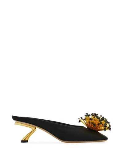 Ferragamo Black Sandals With Low Heel And Crystal Embellishment On The Front In Fabric Woman