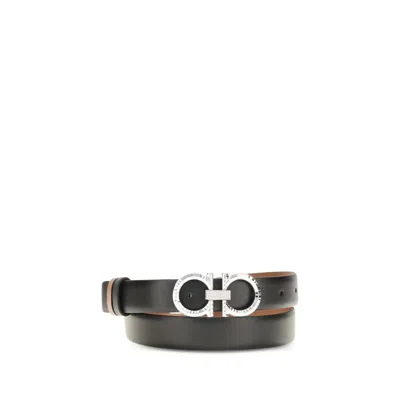 Ferragamo Reversible And Adjustable Belt With Hammered Gancini In Multi