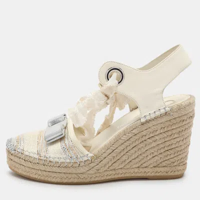 Ferragamo Multicolor Fabric And Leather Wedge Espadrille Sandals In White