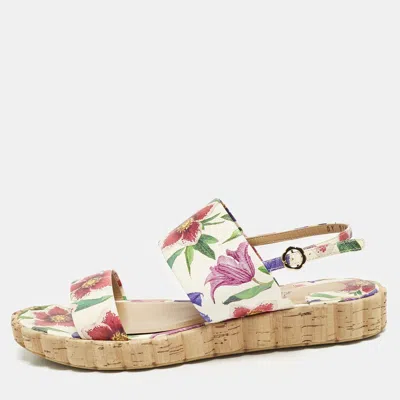Pre-owned Ferragamo Multicolor Floral Print Leather Lusia Flat Sandals Size 38.5