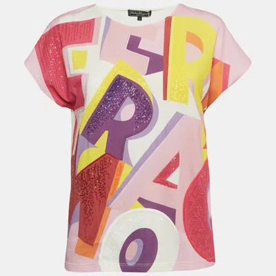 Pre-owned Ferragamo Multicolor Printed Cotton Sequin Detail T-shirt S