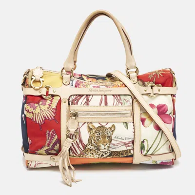 Pre-owned Ferragamo Multicolor Printed Satin And Leather Fiera Satchel