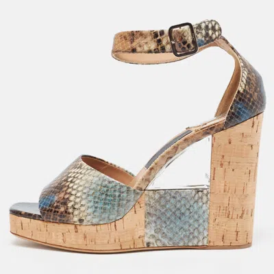 Pre-owned Ferragamo Multicolor Python Embossed Ankle Strap Wedge Sandals Size 38