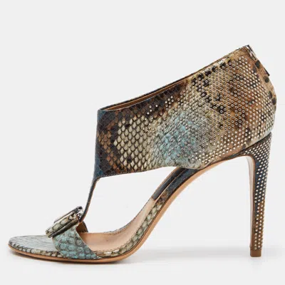 Pre-owned Ferragamo Multicolor Python Embossed Leather Bow T Strap Sandals Size 38
