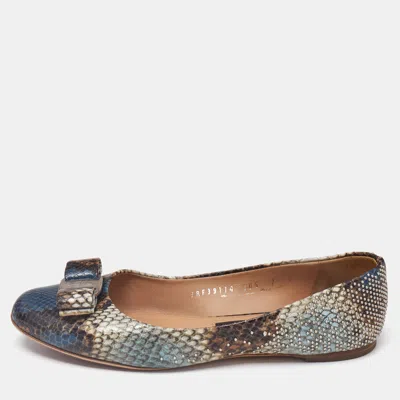 Pre-owned Ferragamo Multicolor Python Embossed Leather Varina Bow Ballet Flats Size 37.5