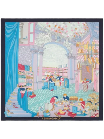 Ferragamo Atelier Print Silk Foulard In Blue