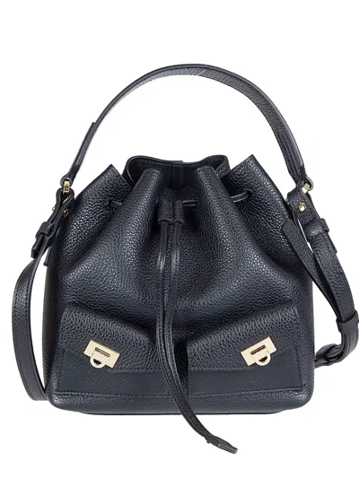 Ferragamo Black Crossbody Bag With Adjustable And Removable Shoulder Strap And One Top Flat Handle In Grained 