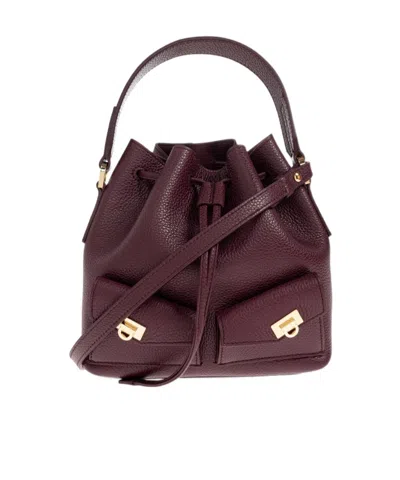 Ferragamo Drawstring Leather Bucket Bag In Burgundy