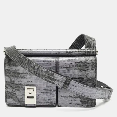 Pre-owned Ferragamo Multipocket Lilac/black Lizard Embossed Leather Crossbody Bag In Purple