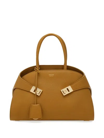 Ferragamo Mustard Top Handle Bag With Gold Detail In Orange
