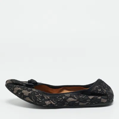 Pre-owned Ferragamo My Joy Size 39.5 Black Lace Bow Detail Ballet Flats