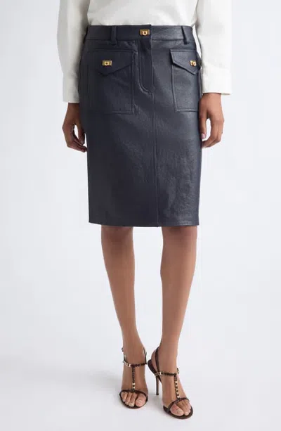 Ferragamo Nappa Leather Pencil Skirt In New Navy New Navy