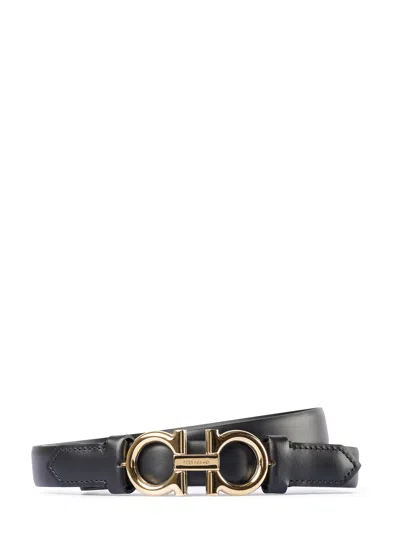 Ferragamo Narrow Leather Belt With Double Gancini Buckle In Black