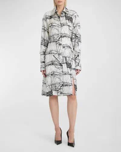 Ferragamo Nautical Printed Silk Shirtdress In White/nero