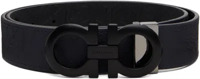 Ferragamo Navy Adjustable Gancini Reversible Belt In Black