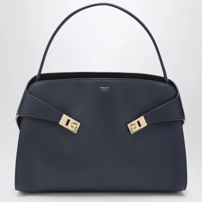 Ferragamo Navy And Brown Leather Hug Soft L Handbag Women In Blue