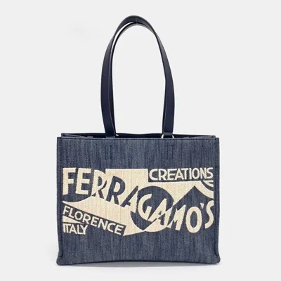 Pre-owned Ferragamo Navy Blue Denim Denim Logo Tote And Shoulder Bag Large