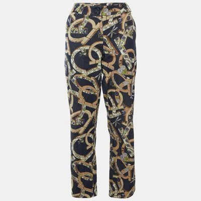 Ferragamo Navy Blue Floral Gancini Print Denim Straight Jeans