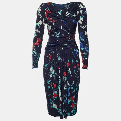 Pre-owned Ferragamo Navy Blue Floral Print Crepe Ruched Midi Dress M