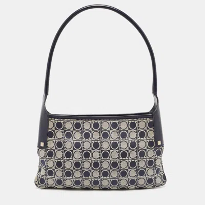 Pre-owned Ferragamo Navy Blue Gancini Print Fabric And Leather Shoulder Bag