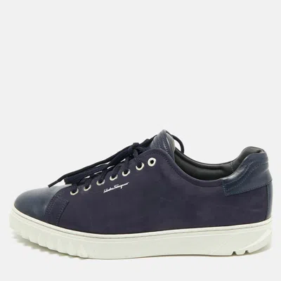 Pre-owned Ferragamo Navy Blue Leather And Nubuck Leather Low Top Sneakers Size 43.5