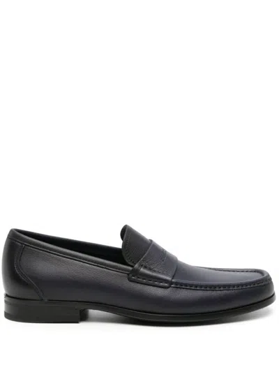 FERRAGAMO NAVY BLUE LEATHER LOAFERS