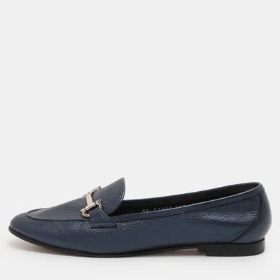 Pre-owned Ferragamo Navy Blue Leather Loafers & Moccasins Size 38.5