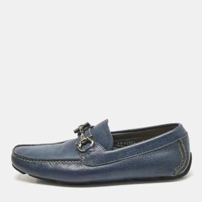 Pre-owned Ferragamo Navy Blue Leather Parigi Gancini Loafers Size 39