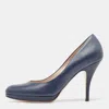 Ferragamo Navy Blue Leather Platform Pumps In Blue