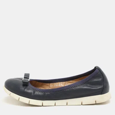 Pre-owned Ferragamo Navy Blue Leather Vara Bow Ballet Flats Size 37.5