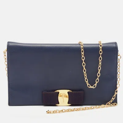 Ferragamo Navy Blue Leather Vara Bow Flap Wallet On Chain