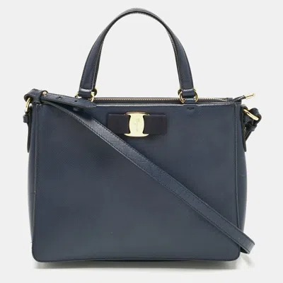 Pre-owned Ferragamo Navy Blue Leather Vara Bow Tote