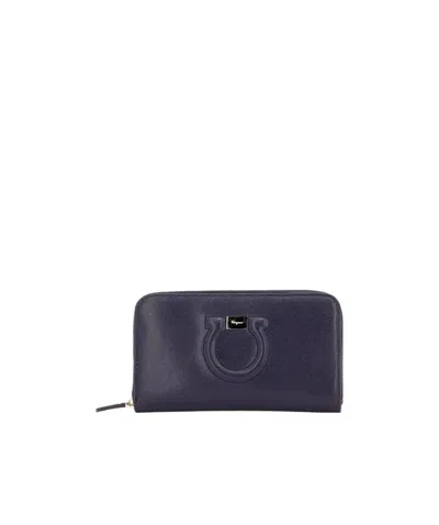 Ferragamo Navy Blue Logo Embellished Purse In Black