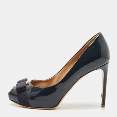 Pre-owned Ferragamo Navy Blue Patent Leather Pimpa Platform Pumps Size 38