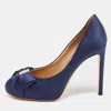 Ferragamo Navy Blue Satin Bow Platform Pumps In Multi