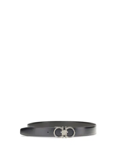 Ferragamo Navy Blue Solid Reversible Belt In Black