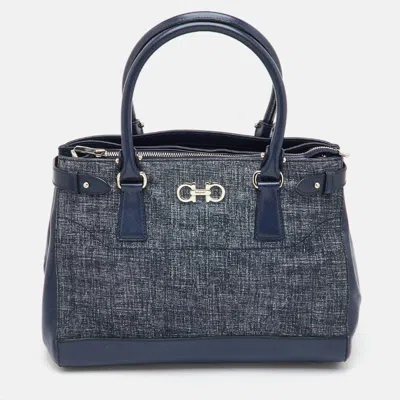 Pre-owned Ferragamo Navy Blue Suede And Leather Gancini Tote