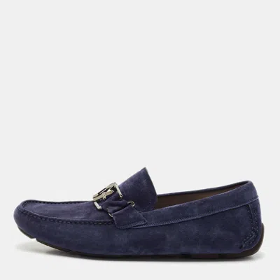 Pre-owned Ferragamo Navy Blue Suede Gancini Loafers Size 43