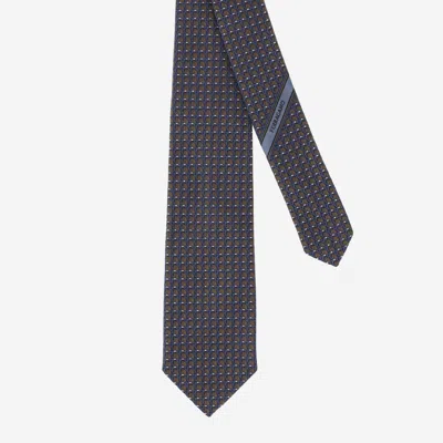 FERRAGAMO MEN NAVY BLUE/BROWN GEOMETRICAL PATTERN TIE, ONESIZE LUXURY TIES & BOWTIES FOR MEN DARVEYS