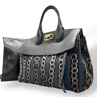 Pre-owned Ferragamo Navy Canvas Leather Clutch Bag Handbag () In Multi