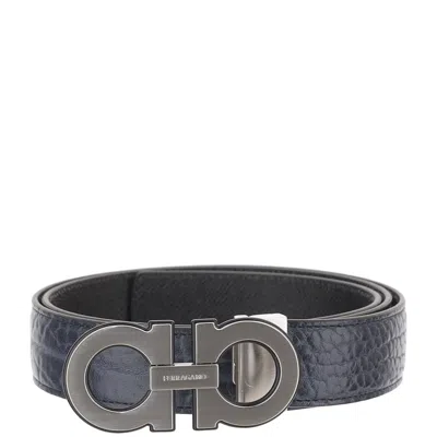 Ferragamo Navy Double Hook Reversible Leather Belt In Multi