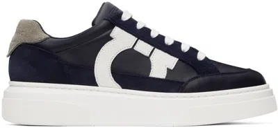 FERRAGAMO NAVY LOW CUT GANCINI OUTLINE SNEAKERS