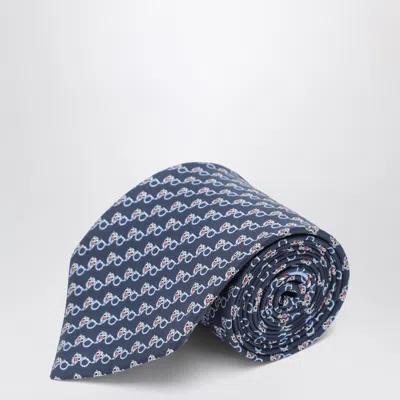 Ferragamo Navy Silk Tie With Gancini And Owl Print In Multi