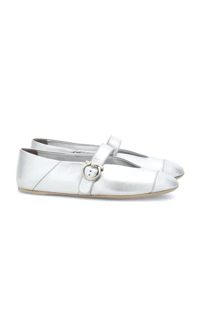 Ferragamo Nena Leather Mary Jane Flats In Silver