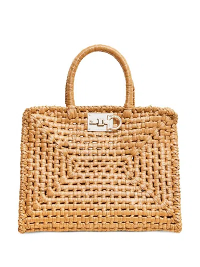 Ferragamo Studio Box Raffia Tote Bag In Neutrals