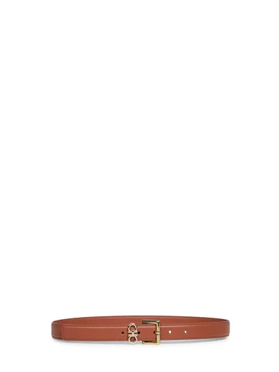 Ferragamo New Cognac Smooth Leather Double Gancini Belt  In Gray