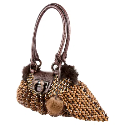 Pre-owned Ferragamo New Rare Salvatore  Fully Mink Lined Wood Beaded Snakeskin Bag W Tags In Brown