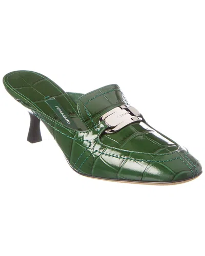 Ferragamo Eloyde 55 Croc-embossed Leather Mules In Green