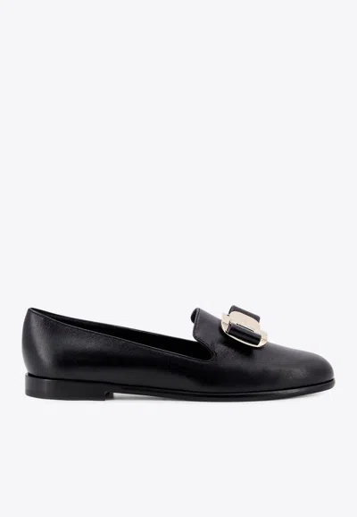 Ferragamo New Vara Plate Patent-leather Loafers In Black